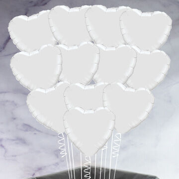 One Dozen Inflated White Heart Foil Balloons