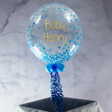 New Baby Personalised Blue 'Confetti Print' Bubble Balloon