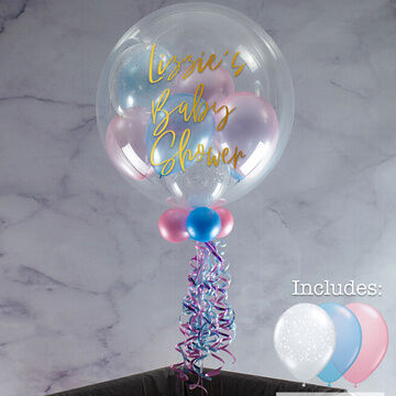 Personalised Baby Pink, Baby Blue & Clear Stars Balloon-Filled Bubble Balloon