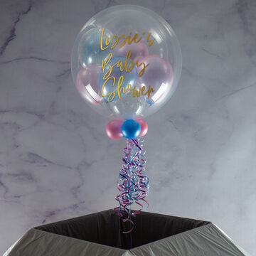 Personalised Baby Pink, Baby Blue & Clear Stars Balloon-Filled Bubble Balloon