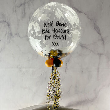 Personalised Black & Gold Feathers Graduation Hats Print Bubble Balloon