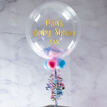 Personalised Baby Pink, Baby Blue & White Feather Bubble Balloon