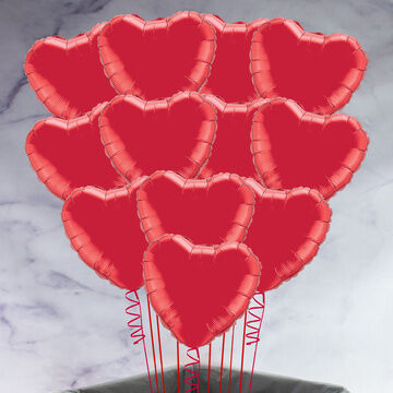 One Dozen Inflated Red Heart Foil Balloons