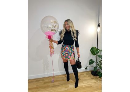 Customer image of Personalised Rose Gold &amp; Pink Feathers Bubble Balloon