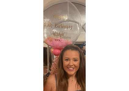 Customer image of Personalised Rose Gold &amp; Pink Feathers Bubble Balloon