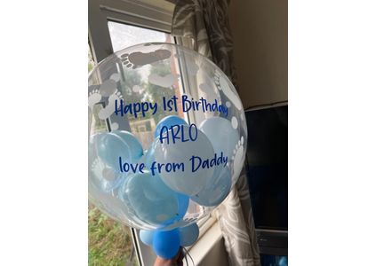 Customer image of Personalised Light Blue Balloon-Filled Baby Feet Print Bubble Balloon