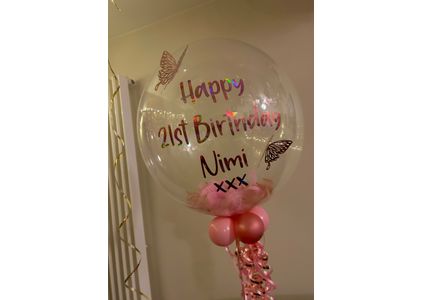 Customer image of Personalised Rose Gold &amp; Pink Feathers Bubble Balloon