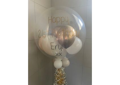 Customer image of Personalised Satin Cream &amp; Gold Balloon-Filled Bubble Balloon
