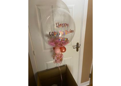 Customer image of Personalised Rose Gold &amp; Pink Feathers Bubble Balloon