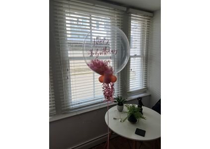 Customer image of Personalised Rose Gold &amp; Pink Feathers Bubble Balloon