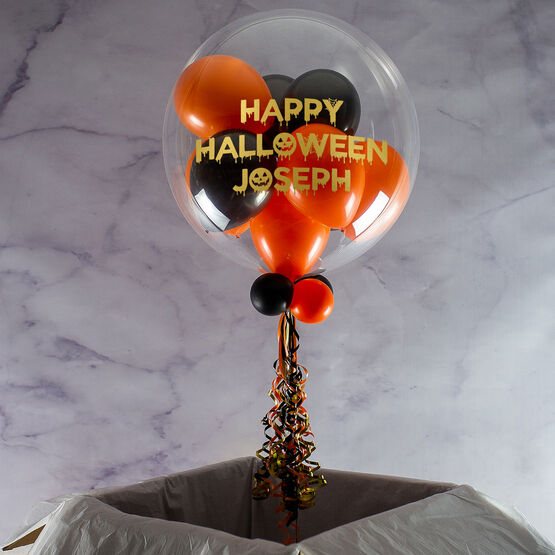 Personalised Orange & Black Halloween Balloon-Filled Bubble Balloon
