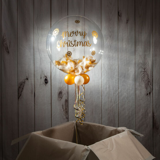 Gold & White Feather 'Merry Christmas' Bubble Balloon