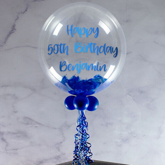 Personalised Royal Blue Feathers Bubble Balloon