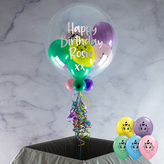 Personalised Pastel Unicorn Heads Balloon-Filled Bubble Balloon