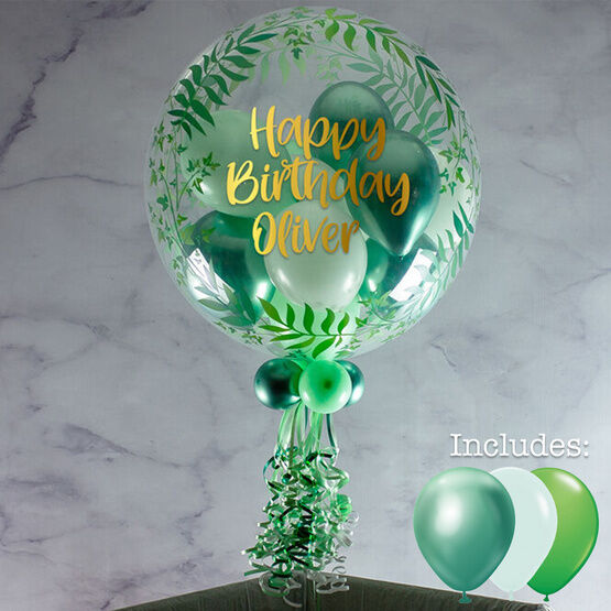 Personalised Greenery Bubble Balloon Filled With Green Mini Balloons