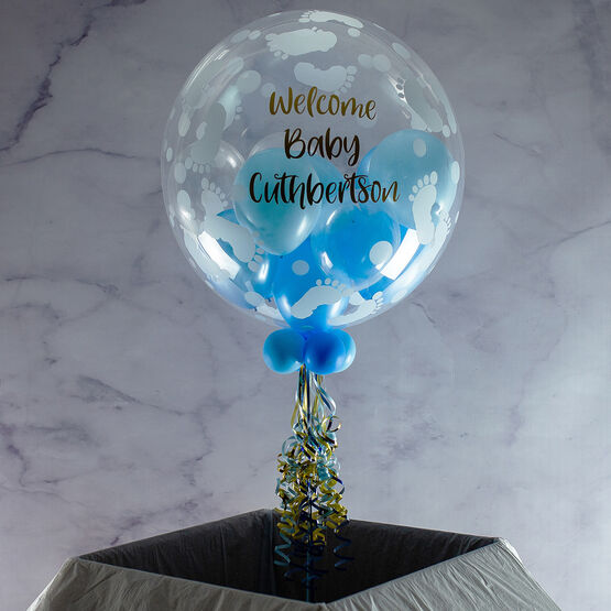 Personalised Light Blue Balloon-Filled Baby Feet Print Bubble Balloon