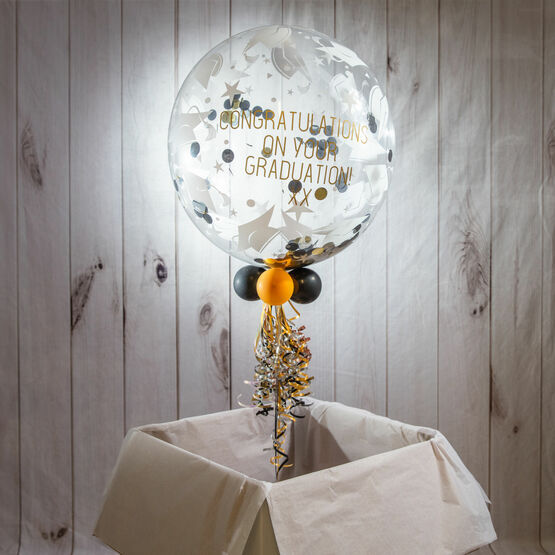Personalised Black & Gold Confetti-Filled Graduation Hats Print Bubble Balloon