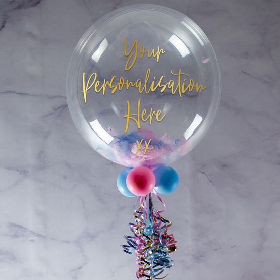 Personalised Baby Pink, Baby Blue &amp; White Feather Bubble Balloon