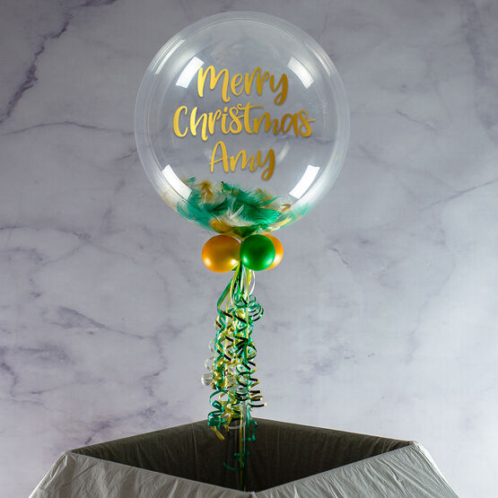 Personalised Green, White & Gold Feathers Bubble Balloon